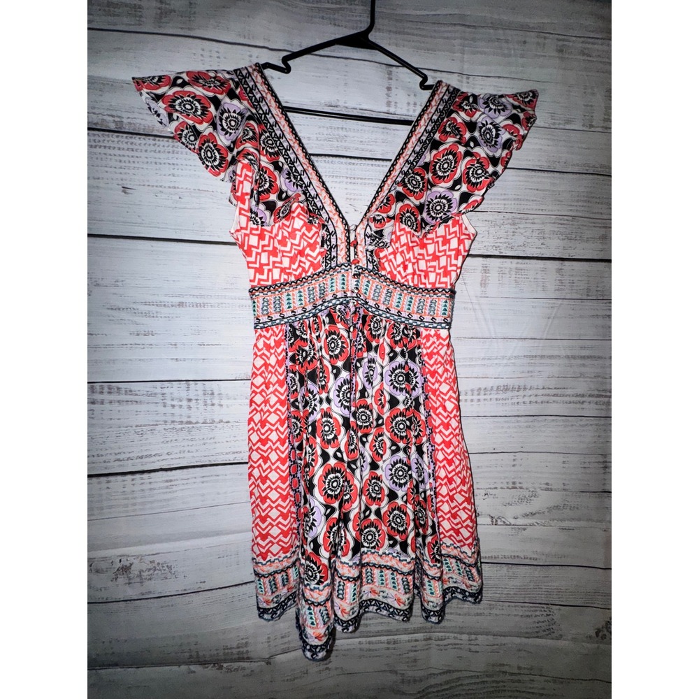 Anthopologie Mixed Print Flutter Sleeve Mini Dress Red Floral Boho Tassle Tie